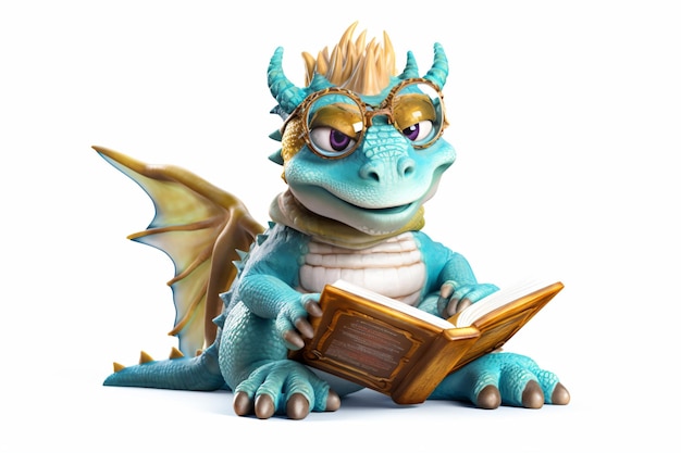 a dragon with glasses reading a book