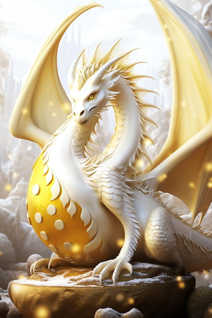 a dragon with a gold body and a white background