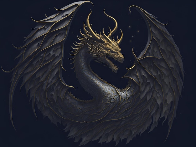 A dragon with gold wings and a blue background