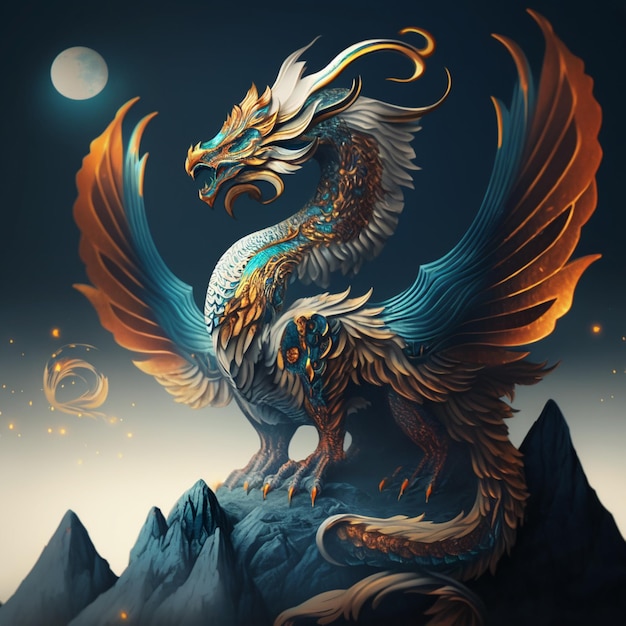 A dragon with gold wings and gold wings is on a mountain.