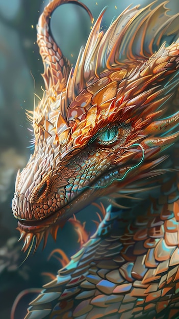 a dragon with a green eye and the tail