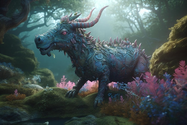 A dragon with a green head stands in a forest with pink flowers and plants.