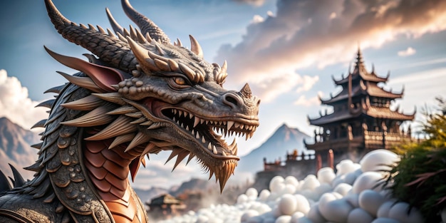 A dragon with its mouth open is standing in front of a building