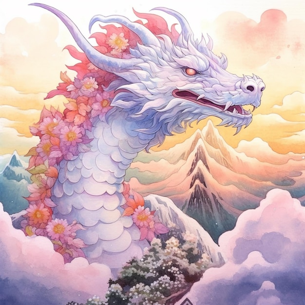 A dragon with a mountain landscape in the background.