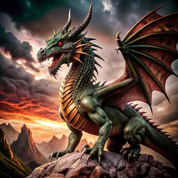 a dragon with a mountain landscape and sunset in the background