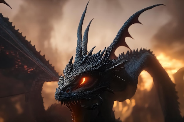 Photo a dragon with orange eyes and a black head with orange eyes looks up at the sky.