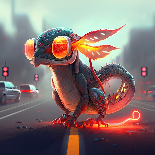 A dragon with orange eyes is on the road