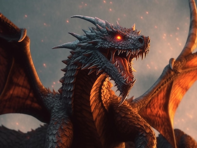 A dragon with orange eyes and a red glowing eyes is in the foreground.