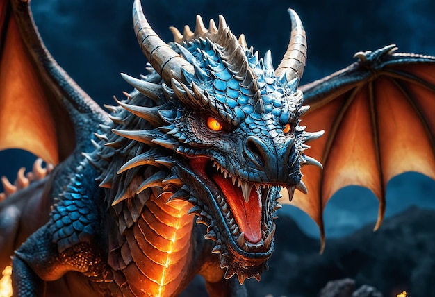 a dragon with orange eyes and representation