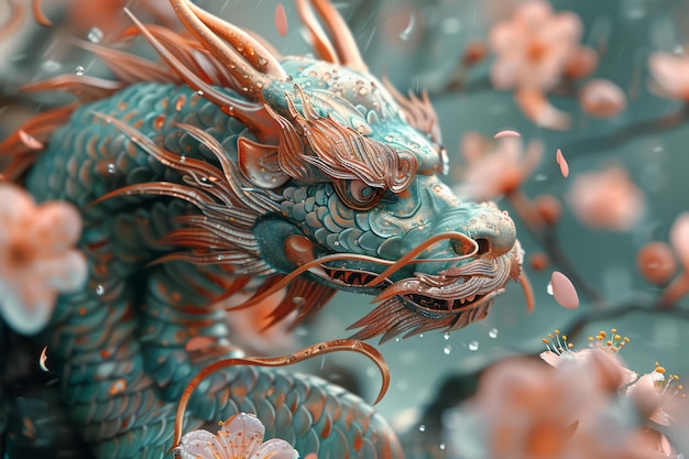 Photo dragon with plum blossoms in the background petals falling generative ai