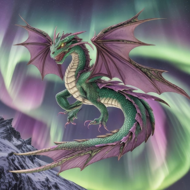 Photo a dragon with a purple background and a green background with the word i love on it