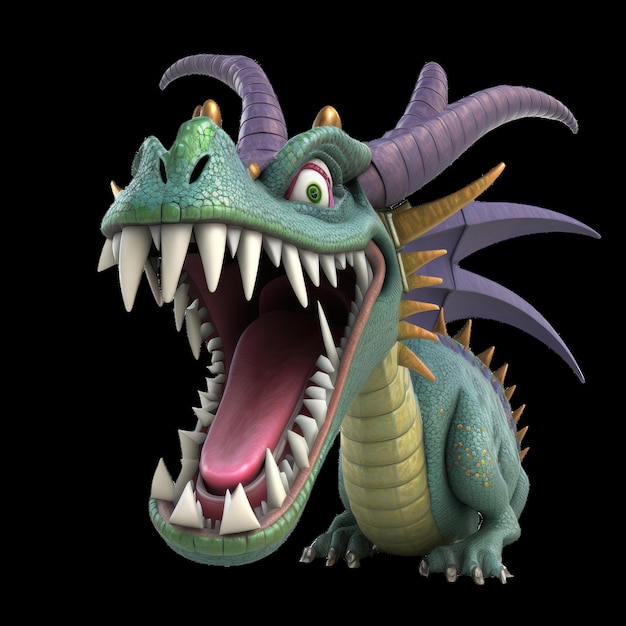 A dragon with a purple crown and purple wings is shown 3d render generative ai