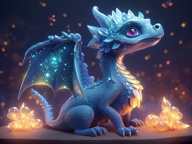 A dragon with purple eyes sits on a ledge with lights in the background.