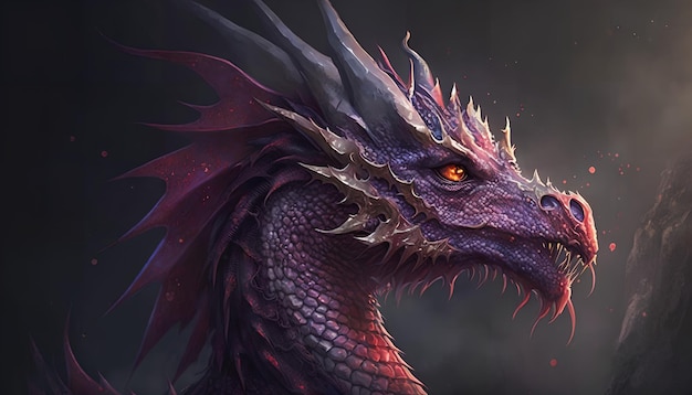 A dragon with a purple head on dark background