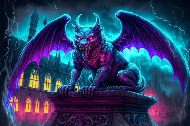 A dragon with a purple tail sits on a pedestal in front of a castle.