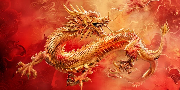 a dragon with a red background and a gold dragon on it