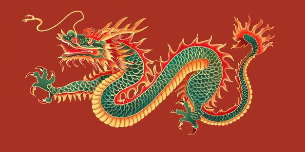 a dragon with a red background and a gold and green dragon on it