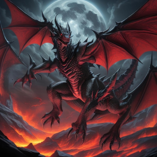 Photo a dragon with a red body and a full moon in the background