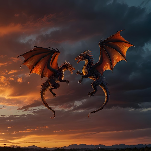 a dragon with a red dragon flying in the sky