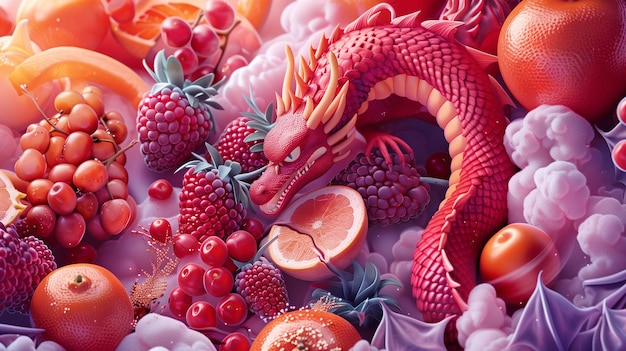 a dragon with a red dragon on it sits in a bowl of fruit