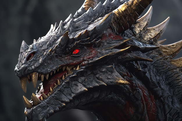 A dragon with a red eye and a black head with a red eye.