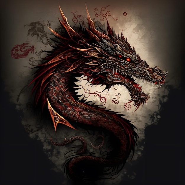 A dragon with a red eye and a black head.