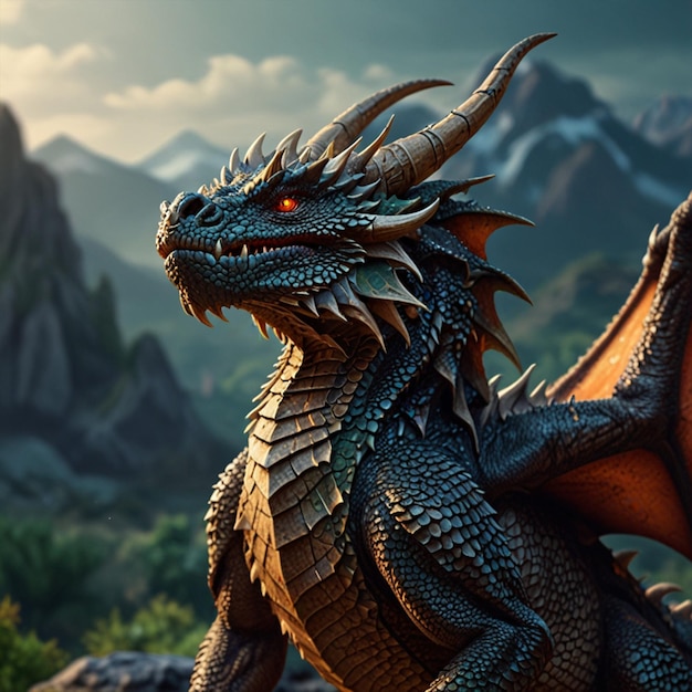 Photo a dragon with a red eye on its face is shown