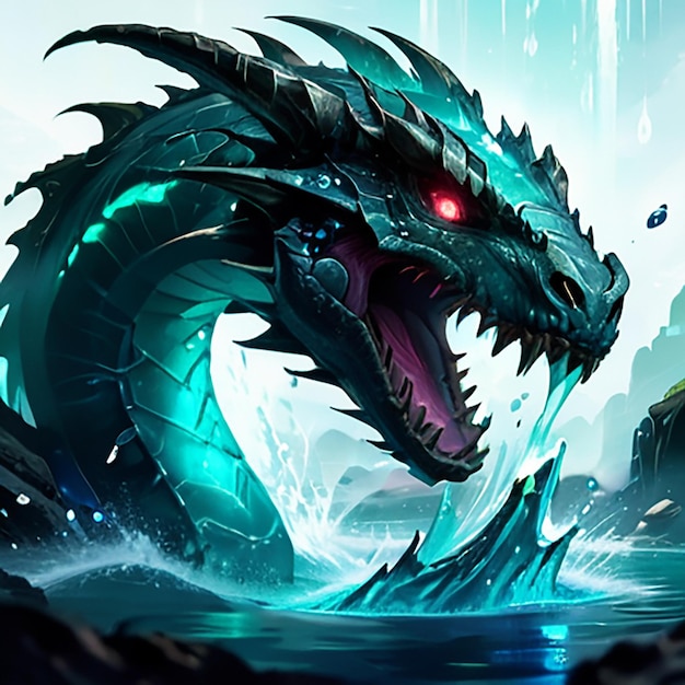 a dragon with a red eyes and a blue background with a dragon in the middle