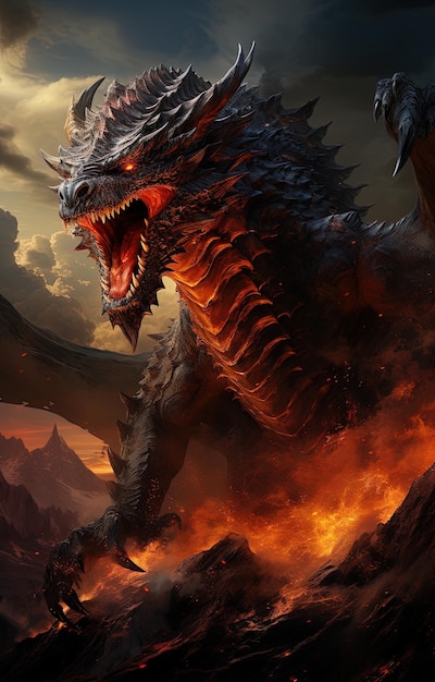 a dragon with a red eyes and a dark background