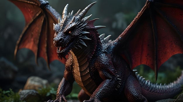 Photo a dragon with red eyes and horns on its head