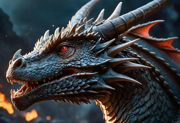 Photo a dragon with red eyes and the word dragon on the face