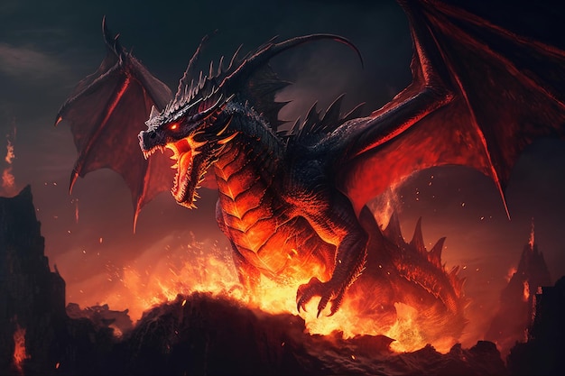 A dragon with a red face and a black dragon on its wings