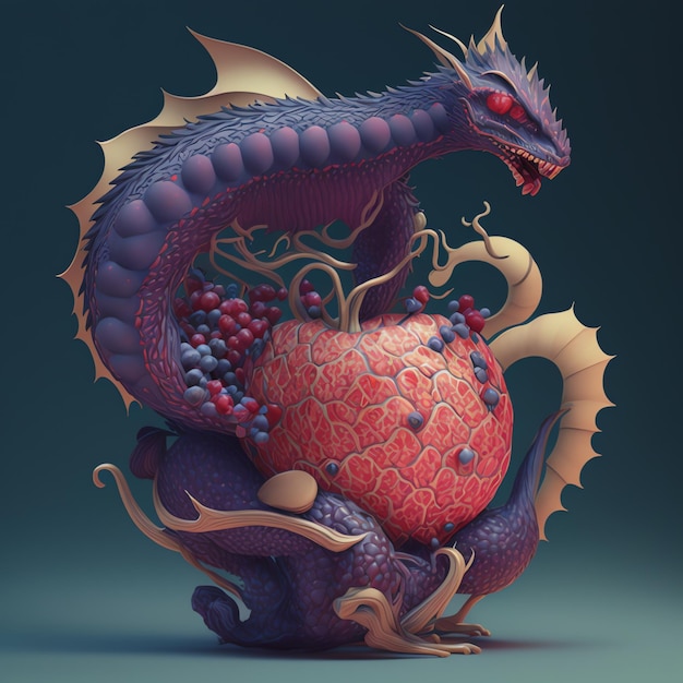 Photo a dragon with a red face and purple grapes on it