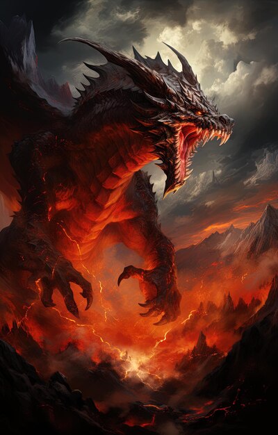 a dragon with a red flames and a fire in the background