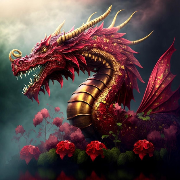 A dragon with a red head and gold wings is on a dark background.