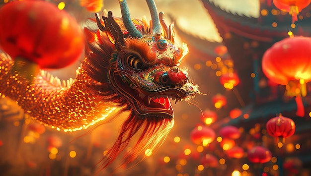 A dragon with a red head and orange tail is surrounded by red lanterns