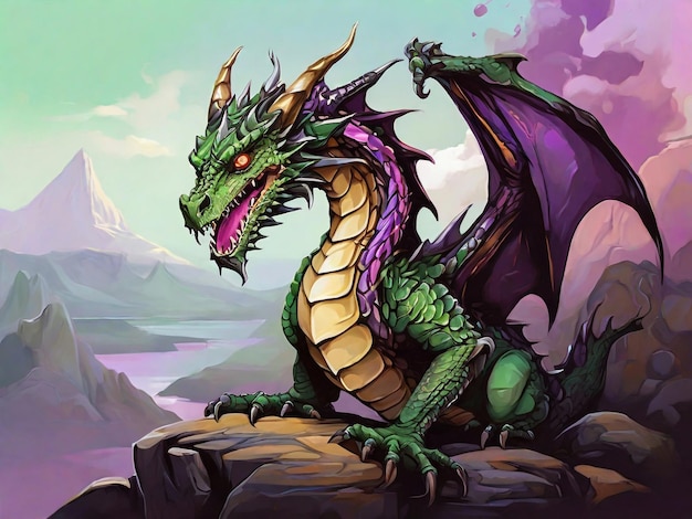 a dragon with a red head sits on a rock