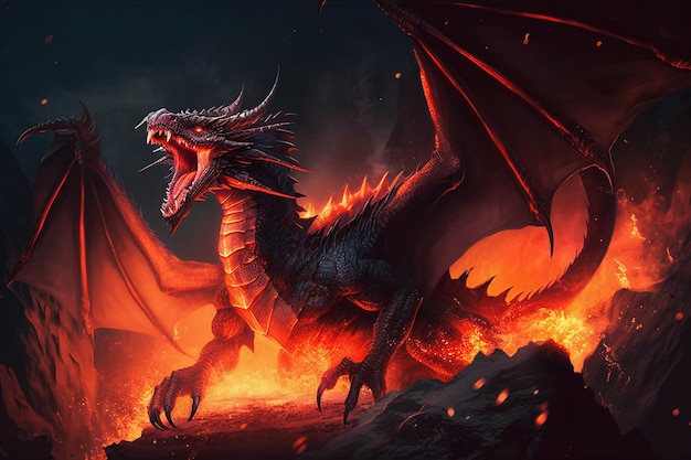 A dragon with a red tail and a black tail is on fire.