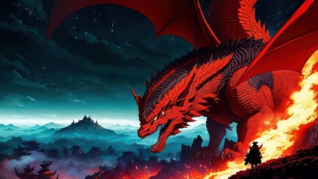 A dragon with a red tail is on a mountain.