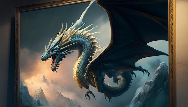 a dragon with a red tail is shown in a painting