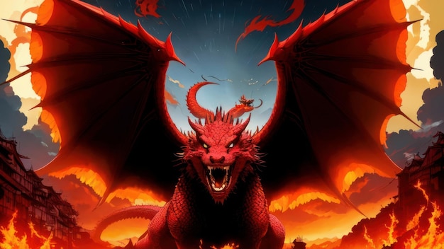 A dragon with a red tail and wings on its back stands in flames.