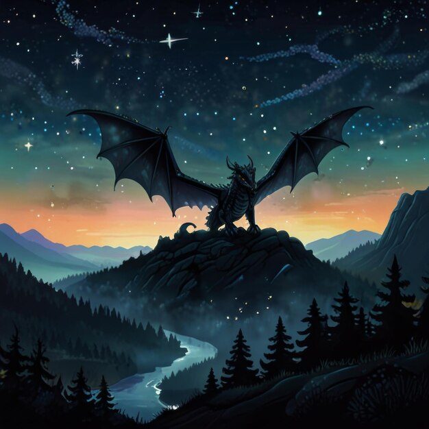 Photo a dragon with a sky background that has stars and mountains in the background