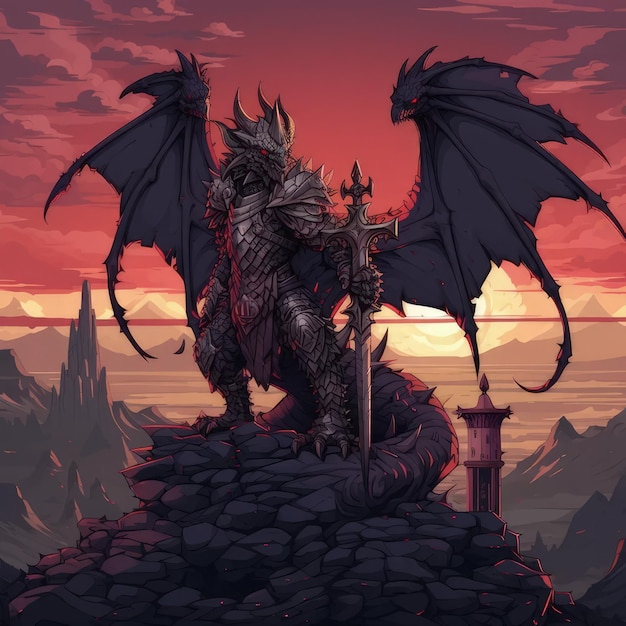 a dragon with a sword on the top of it