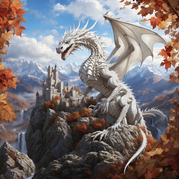 Photo a dragon with a white head is on a mountain