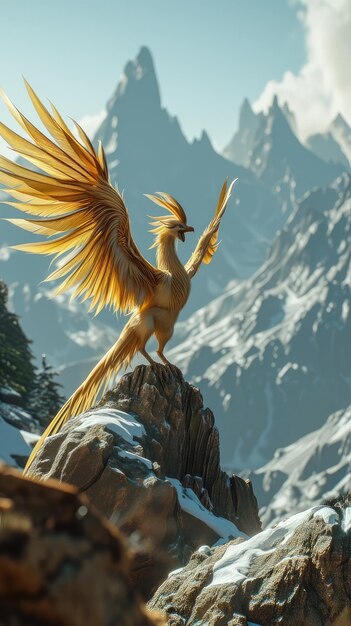 Photo a dragon with wings on its head is flying over a snowy mountain