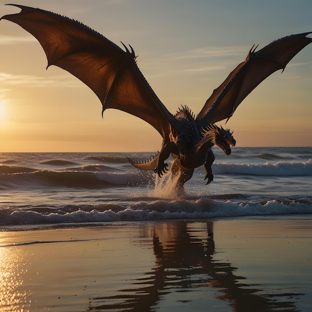 a dragon with wings spread out on the beach at sunset