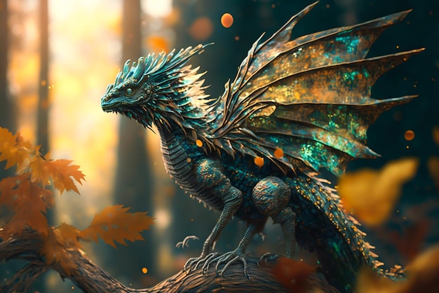 A dragon with wings that is painted in blue and green