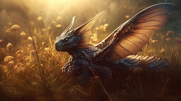 A dragon with wings and wings sits in a field of flowers.