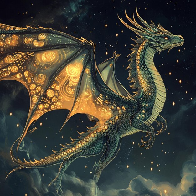 Photo a dragon with a yellow body and black clouds in the background