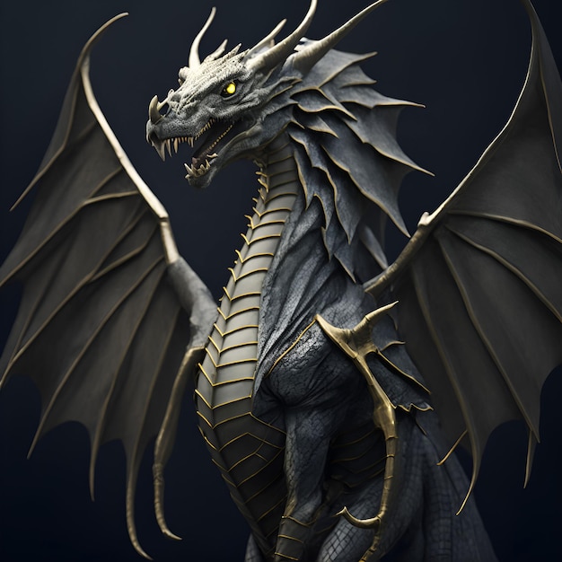 A dragon with a yellow eye and a black background.